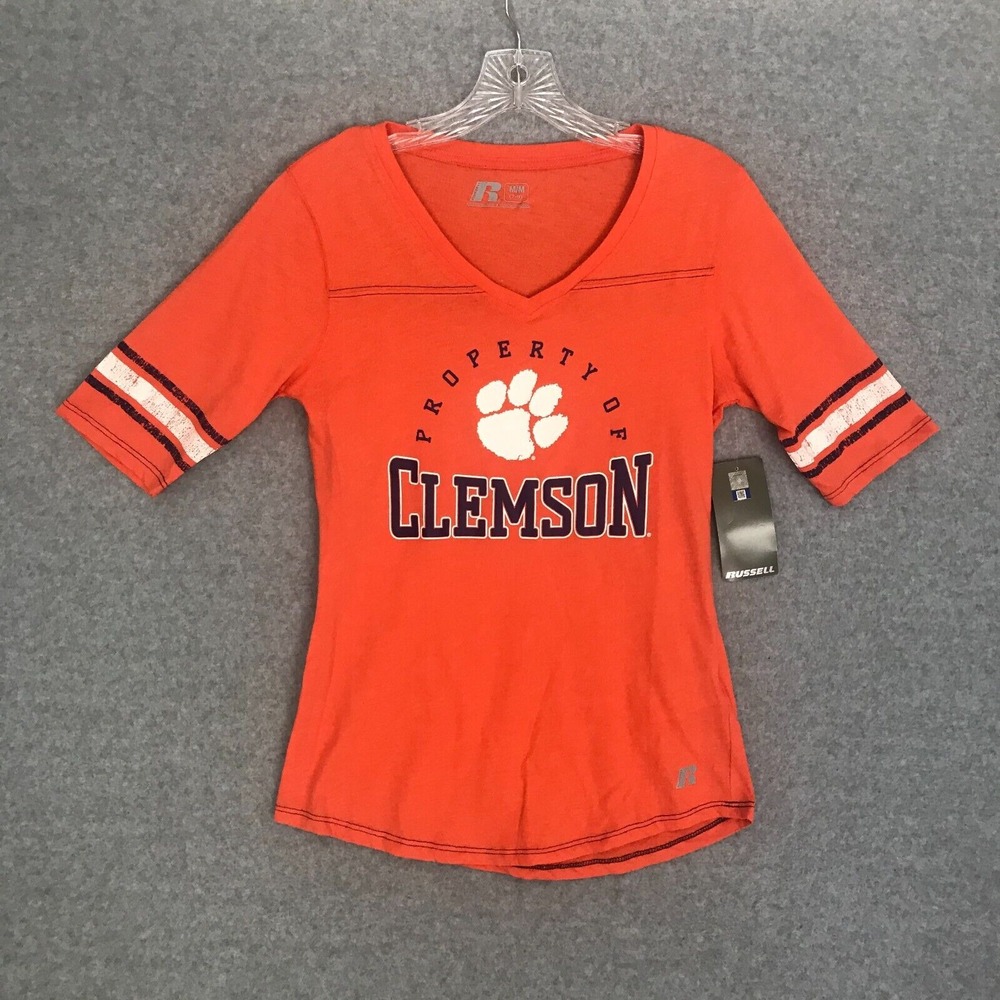 NEW! Russell Clemson Tigers T-Shirt Girls Medium 7-9 V-Neck Orange Short Sleeve